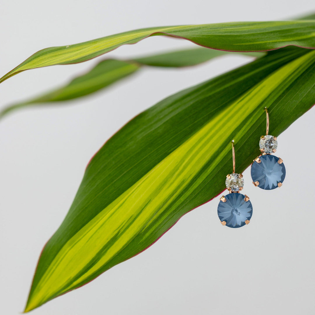 Blue earrings on a green leaf with a light gray background